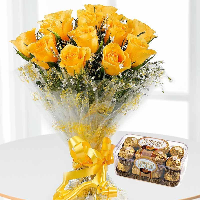 12 Yellow Roses Bunch, 16 Ferrrero Rocher chocolate