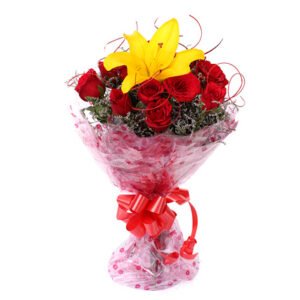 Bunch of 12 Red Roses & 1 Yellow Asiatic Lily